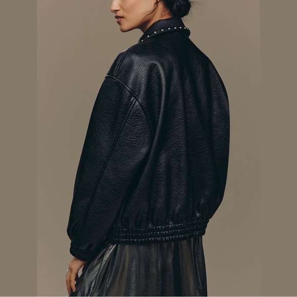 Anthropologie Pilcro Rylie Studded Faux-Leather Bomber Jacket Black Medium NWT - Picture 3 of 16